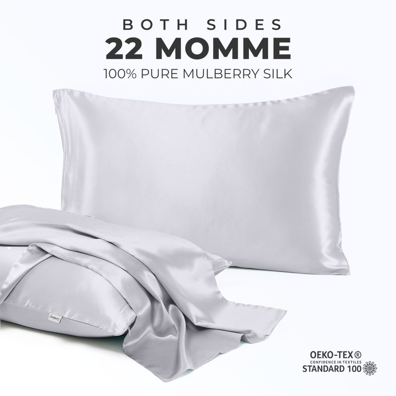 LOOMBERRY 100% Pure Mulberry Silk Pillowcase for Hair and Skin, 6A Grade 22 Momme Silk Pillow Cases with Zipper, Soft Cooling Washable Both Sided Silk Pillow Cover (Silver Grey, Queen 20''x30'') - Image 2